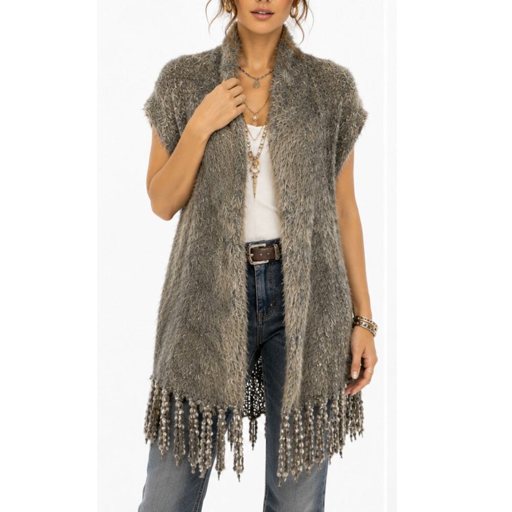 Vintage Alberto Makali Eyelash Faux Fur Bouclé Sweater Vest Fringe Open Front S